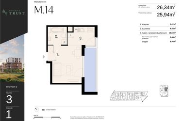 Rzut - Mieszkanie na sprzedaż 1 pokój o powierzchni 26,34 m² - numer D - M.14 w Dzielnica Trust - etap I
