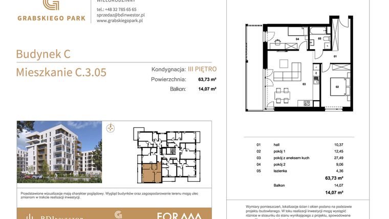 Rzut - Mieszkanie na sprzedaż 3 pokoje o powierzchni 63,73 m² - numer C.3.05 w Grabskiego Park