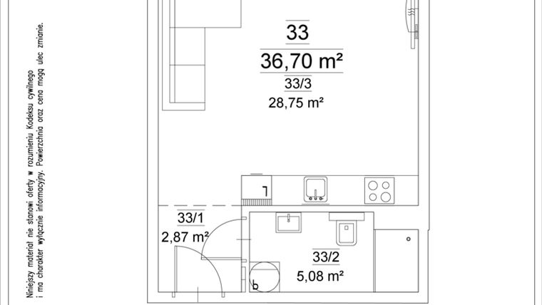 Rzut - Mieszkanie na sprzedaż 1 pokój o powierzchni 36,7 m² - numer 33 w Osiedle Teatralne 19