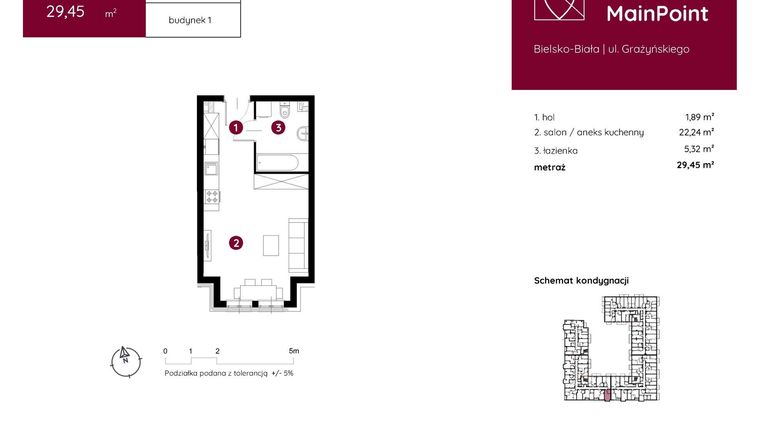 Rzut - Mieszkanie na sprzedaż 1 pokój o powierzchni 29,45 m² - numer 1.C.1.04 w Murapol MainPoint