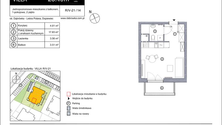 Rzut - Mieszkanie na sprzedaż 1 pokój o powierzchni 25,59 m² - numer R_V-21_14 w os. Dąbrówka – Leśna Polana
