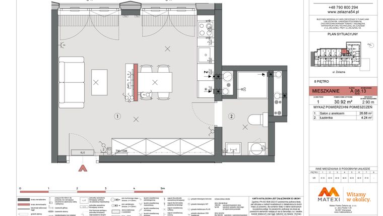 Rzut - Mieszkanie na sprzedaż 1 pokój o powierzchni 30,92 m² - numer A.08.13 w Żelazna 54