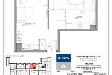 Rzut - Mieszkanie na sprzedaż 2 pokoje o powierzchni 43,81 m² - numer MC/H/A/3/17 w Modern City etap H