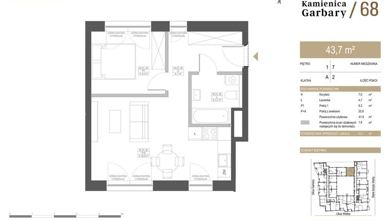 Rzut - Mieszkanie na sprzedaż 2 pokoje o powierzchni 43,7 m² - numer 7 w Garbary 68