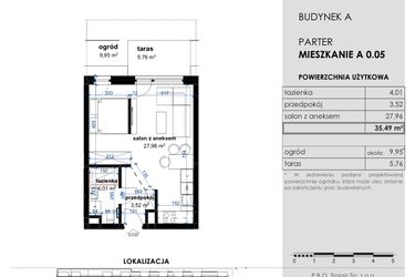 Rzut - Mieszkanie na sprzedaż 1 pokój o powierzchni 35,49 m² - numer A 0.05 w Osiedle Kwiatowe