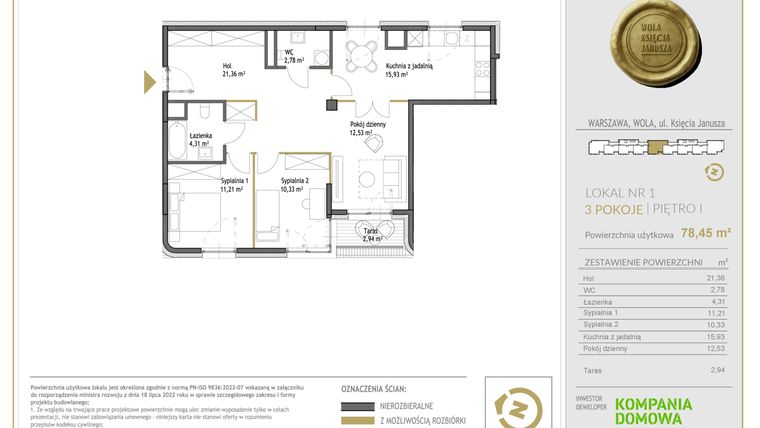 Rzut - Mieszkanie na sprzedaż 3 pokoje o powierzchni 78,45 m² - numer WKJ-LM-01 w Wola Księcia Janusza