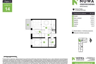 Rzut - Mieszkanie na sprzedaż 3 pokoje o powierzchni 56,1 m² - numer M14 w Nowa Częstochowa Mościckiego
