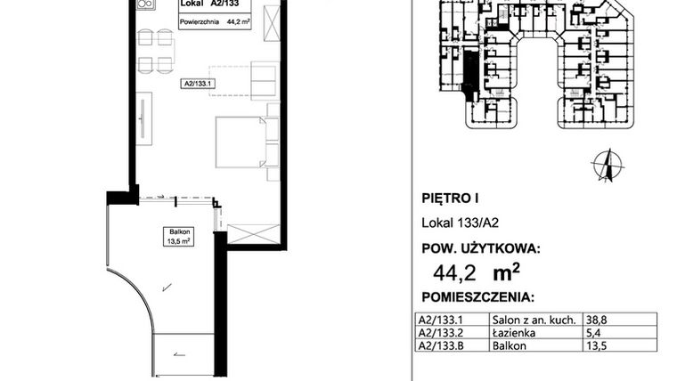 Rzut - Mieszkanie na sprzedaż 1 pokój o powierzchni 44,2 m² - numer 133 w Apollo Resort