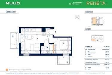 Rzut - Mieszkanie na sprzedaż 2 pokoje o powierzchni 33,75 m² - numer M07 w Reneta