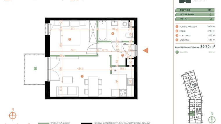 Rzut - Mieszkanie na sprzedaż 2 pokoje o powierzchni 39,7 m² - numer M.02.04 w Casa Feliz Portowa II