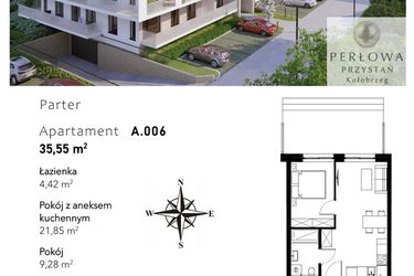 Rzut - Mieszkanie na sprzedaż 2 pokoje o powierzchni 35,55 m² - numer A.006 w Perłowa Przystań - Kołobrzeg - etap II