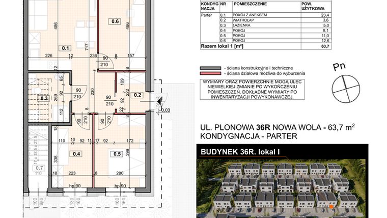 Rzut - Mieszkanie na sprzedaż 4 pokoje o powierzchni 63,7 m² - numer 36R/1 w Zespół willowy Zielona Polana - etap 6