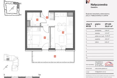 Rzut - Mieszkanie na sprzedaż 2 pokoje o powierzchni 30,61 m² - numer M-120 w Nałęczowska etap II