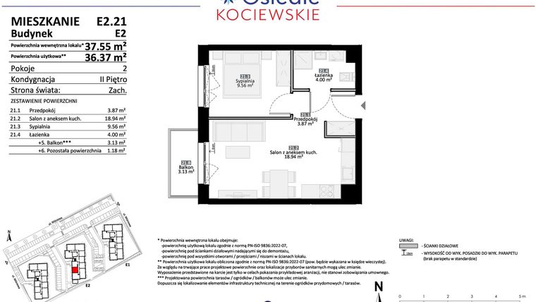Rzut - Mieszkanie na sprzedaż 2 pokoje o powierzchni 36,37 m² - numer E2.21 w Osiedle Kociewskie bud. E