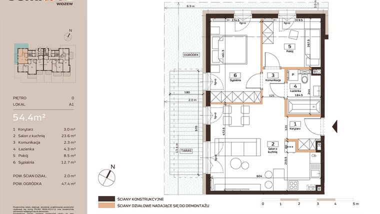 Rzut - Mieszkanie na sprzedaż 3 pokoje o powierzchni 54,4 m² - numer A1 w Domkove Widzew