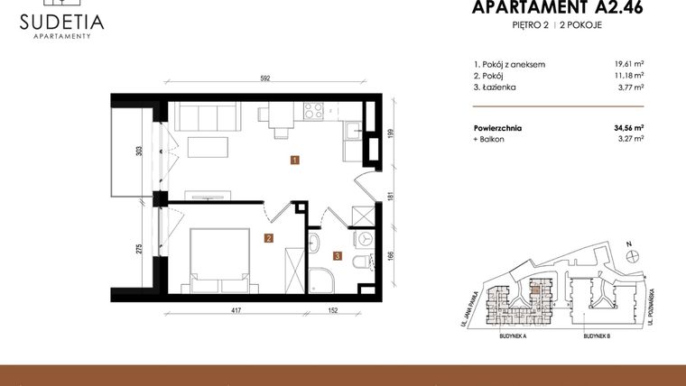 Rzut - Mieszkanie na sprzedaż 2 pokoje o powierzchni 34,56 m² - numer A 2.46 w Apartamenty Sudetia