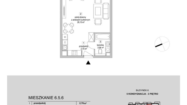 Rzut - Mieszkanie na sprzedaż 1 pokój o powierzchni 34,79 m² - numer 6.5.6 w Osiedle Przyjemne III