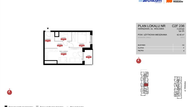 Rzut - Mieszkanie na sprzedaż 2 pokoje o powierzchni 42,4 m² - numer C2F 236 w Modern Mokotów etap 3, budynek C1 i C2