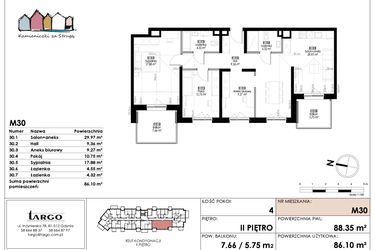 Rzut - Mieszkanie na sprzedaż 4 pokoje o powierzchni 86,1 m² - numer M30 w Kamieniczki za Strugą