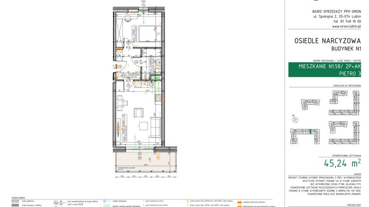 Rzut - Mieszkanie na sprzedaż 2 pokoje o powierzchni 45,24 m² - numer N1.58 w Osiedle Narcyzowe etap 2