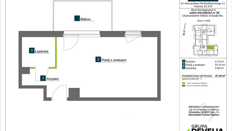 Rzut - Mieszkanie na sprzedaż 1 pokój o powierzchni 31,34 m² - numer AA0310 w Vilda Arte