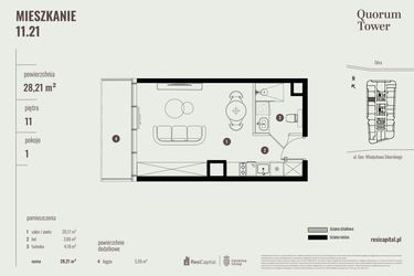 Rzut - Mieszkanie na sprzedaż 1 pokój o powierzchni 28,21 m² - numer 11.21 w Quorum Tower