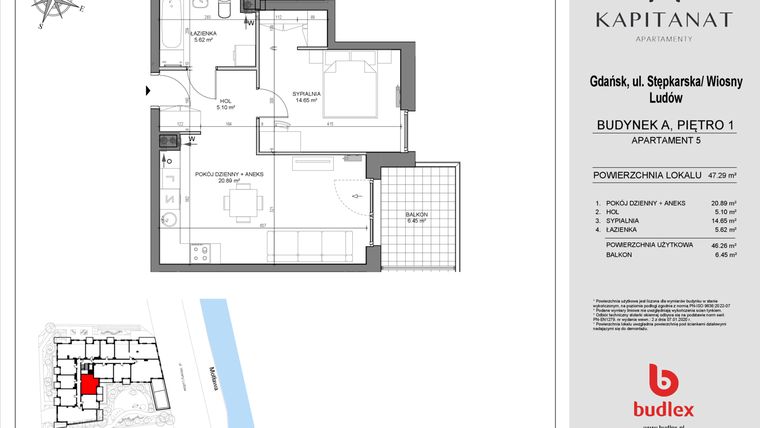 Rzut - Mieszkanie na sprzedaż 2 pokoje o powierzchni 46,39 m² - numer A5 w Kapitanat A