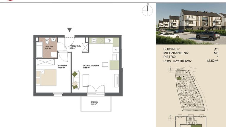 Rzut - Mieszkanie na sprzedaż 2 pokoje o powierzchni 42,52 m² - numer A'1/6 w Osiedle Przy Lipowej