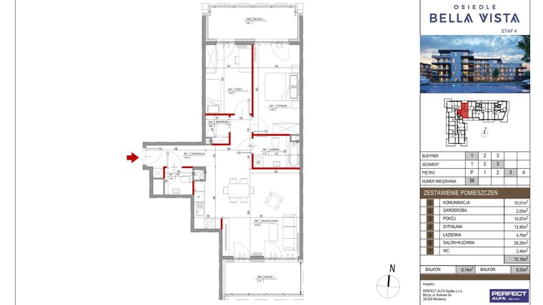 Rzut - Mieszkanie na sprzedaż 3 pokoje o powierzchni 72,16 m² - numer 1.58 w Bella Vista Etap IV