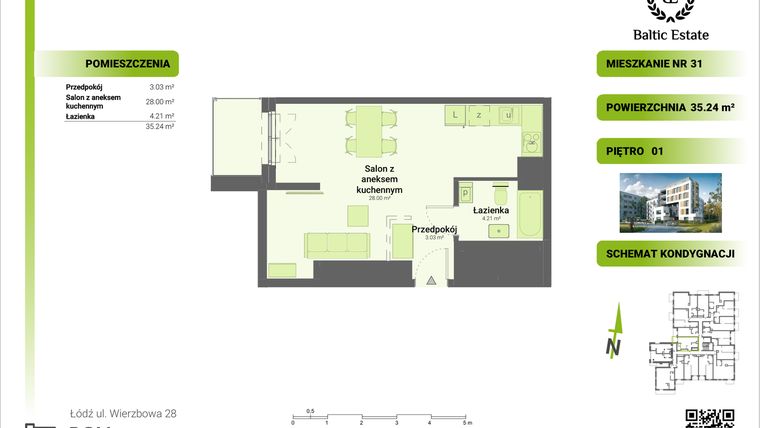 Rzut - Mieszkanie na sprzedaż 1 pokój o powierzchni 35,24 m² - numer 01.M.31 w Dom Architekta