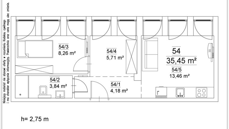 Rzut - Mieszkanie na sprzedaż 2 pokoje o powierzchni 35,45 m² - numer 54 w Osiedle Teatralne 19 - apartamenty inwestycyjne