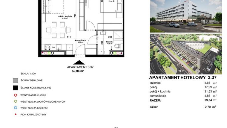 Rzut - Mieszkanie na sprzedaż 2 pokoje o powierzchni 59,07 m² - numer 3.37 w Apartamentowiec Zwycięska 3 - inwestycyjne