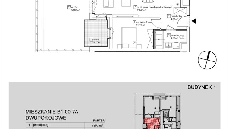 Rzut - Mieszkanie na sprzedaż 2 pokoje o powierzchni 41,89 m² - numer B1-00-7A w Francuska Park IX