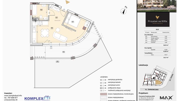 Rzut - Mieszkanie na sprzedaż 2 pokoje o powierzchni 36,7 m² - numer M1 w Przystań na Klifie