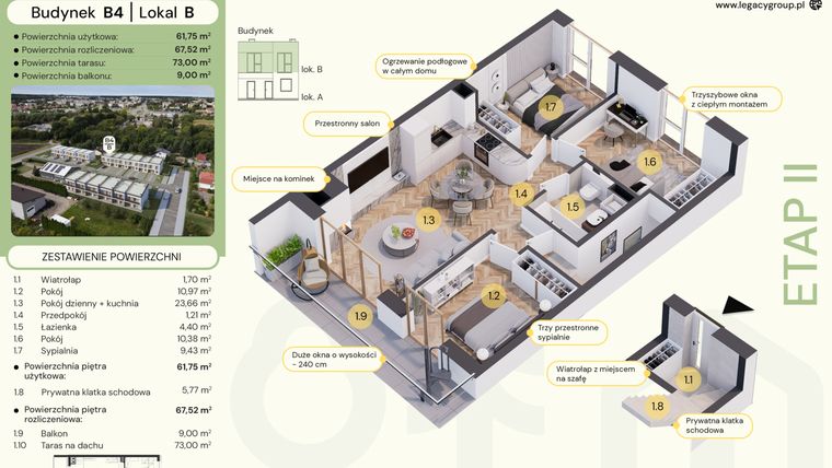 Rzut - Mieszkanie na sprzedaż 4 pokoje o powierzchni 67,52 m² - numer B4-B w Tu i Teraz etap II