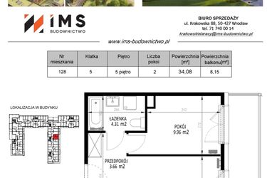 Rzut - Mieszkanie na sprzedaż 2 pokoje o powierzchni 34,08 m² - numer 128 w Krakowskie Tarasy etap V