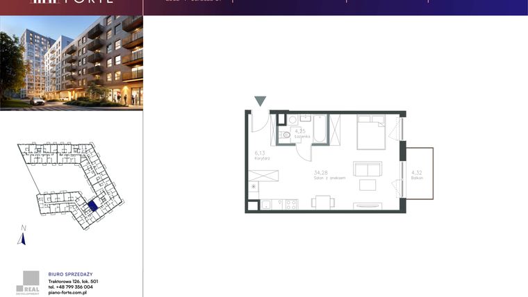 Rzut - Mieszkanie na sprzedaż 1 pokój o powierzchni 44,65 m² - numer D.2.135 w Piano