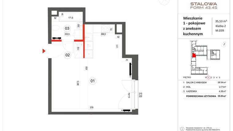 Rzut - Mieszkanie na sprzedaż 1 pokój o powierzchni 35,53 m² - numer 39 w Stalowa Form 43.45