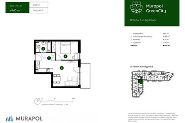 Rzut - Mieszkanie na sprzedaż 2 pokoje o powierzchni 41,4 m² - numer 2.A.1.01 w Murapol GreenCity bud. 2