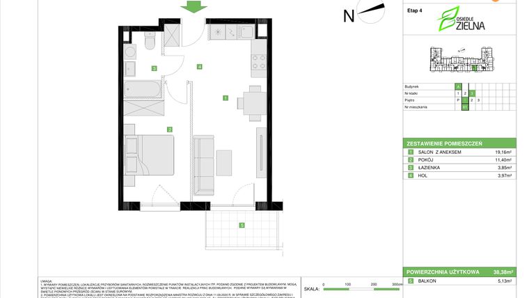Rzut - Mieszkanie na sprzedaż 2 pokoje o powierzchni 38,38 m² - numer A.61 w Osiedle Zielna IV