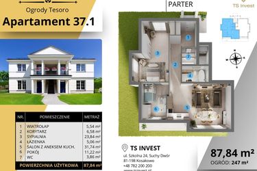 Rzut - Mieszkanie na sprzedaż 3 pokoje o powierzchni 87,28 m² - numer 37.1. w Ogrody Tesoro VI