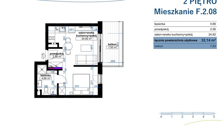 Rzut - Mieszkanie na sprzedaż 1 pokój o powierzchni 32,14 m² - numer F.2.08 w Wzgórze Poetów 2