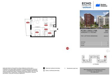 Rzut - Mieszkanie na sprzedaż 2 pokoje o powierzchni 43,83 m² - numer A.343 w Modern Mokotów