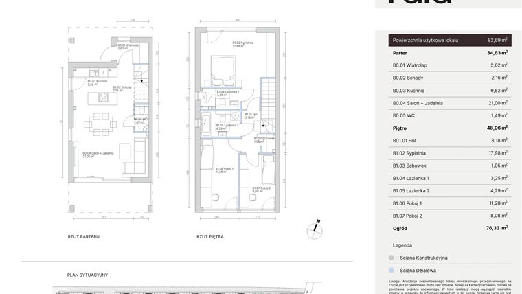 Rzut - Dom na sprzedaż 4 pokoje o powierzchni 82,69 m² - numer 2B w Nowy Wawer