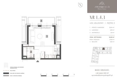 Rzut - Mieszkanie na sprzedaż 1 pokój o powierzchni 29,36 m² - numer L.4.3 w Zamoyskiego 31