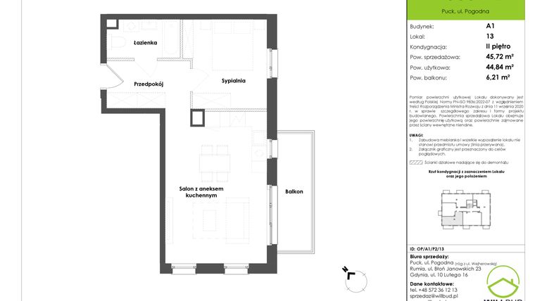 Rzut - Mieszkanie na sprzedaż 2 pokoje o powierzchni 44,84 m² - numer OP/A1/P2/13 w Osiedle Pogodne etap I