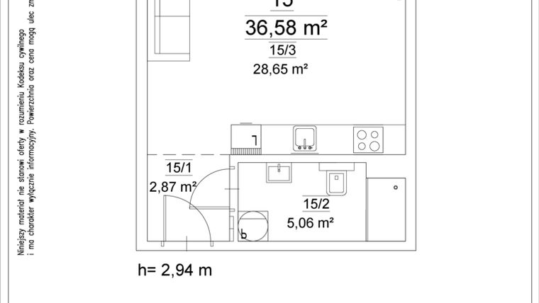 Rzut - Mieszkanie na sprzedaż 1 pokój o powierzchni 36,58 m² - numer 15 w Osiedle Teatralne 19