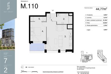 Rzut - Mieszkanie na sprzedaż 2 pokoje o powierzchni 44,77 m² - numer M110 w Sky Trust etap II