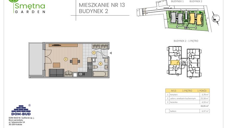 Rzut - Mieszkanie na sprzedaż 1 pokój o powierzchni 33,95 m² - numer 13 w Smętna Garden