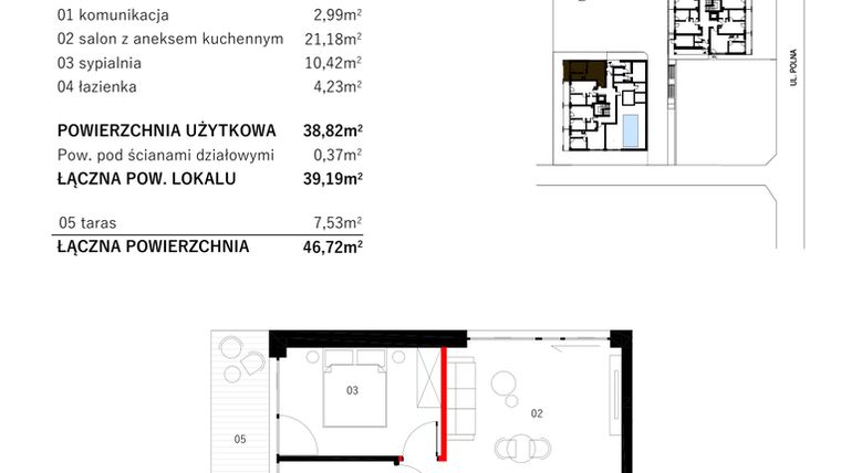 Rzut - Mieszkanie na sprzedaż 2 pokoje o powierzchni 38,34 m² - numer M1 w SUNDAY Resort Ustronie Morskie II